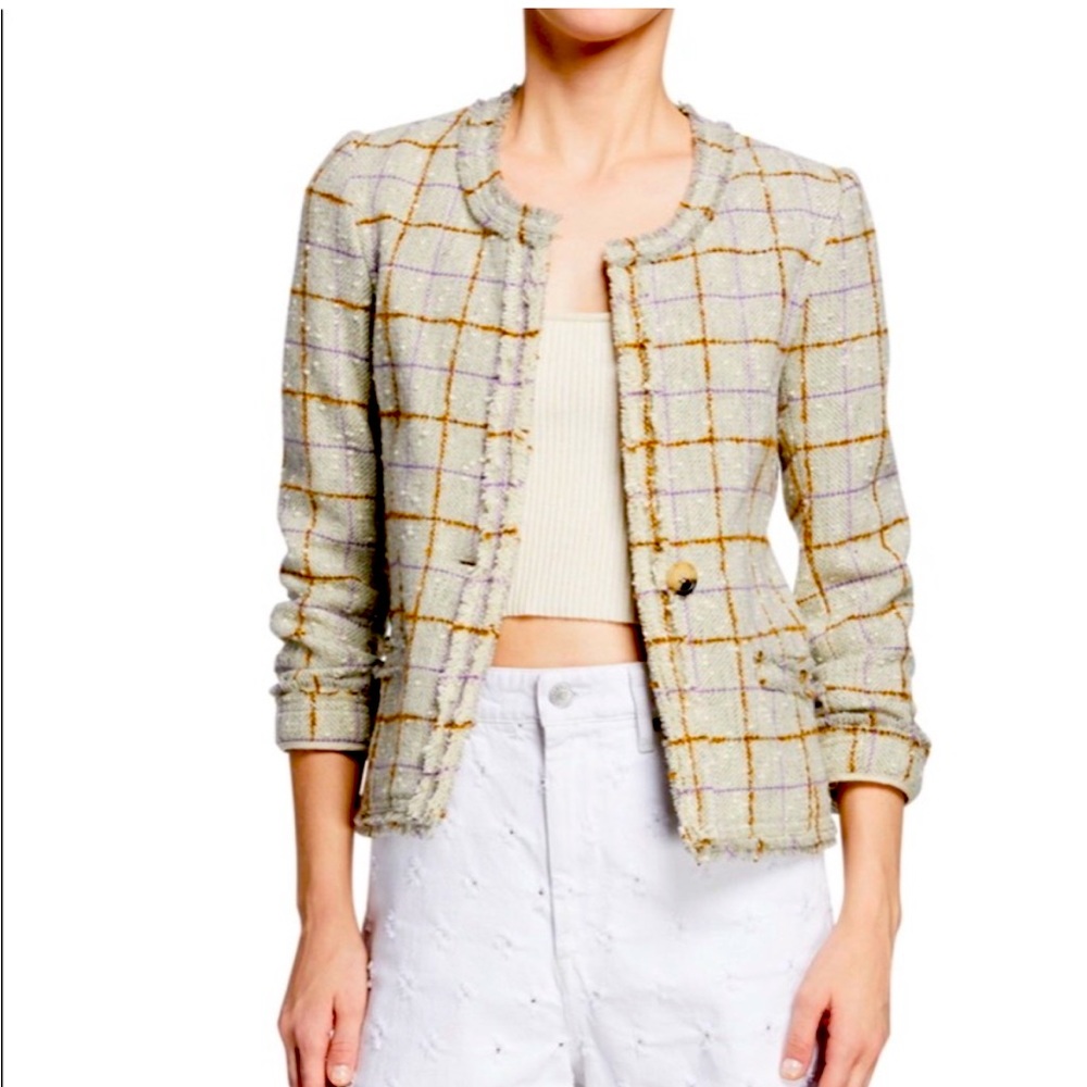 ISABEL MARANT ÉTOILE LYRA GRID TWEED WOOL PLAID JACKET BLAZER GOLD PURPL…